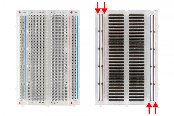 Front and back, medium breadboard with power rails exposed