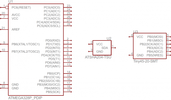 ATmega328, ATSHA204, dan ATtiny45 IC simbol