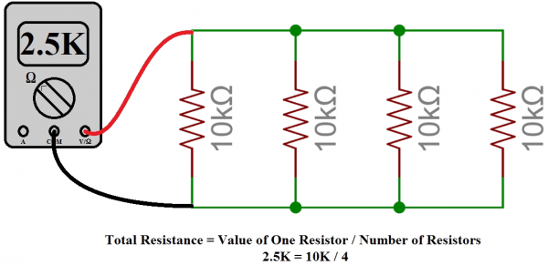 Empat 10k & ohm; Resistor secara paralel dapat digunakan untuk membuat 2.5k & ohm; satu!